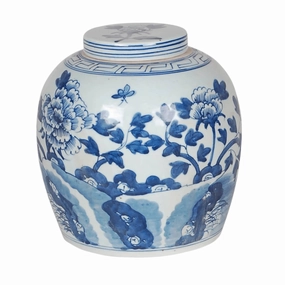10" Round Porcelain Blue & White Floral Lidded Jar vase,flower vase,home decoration