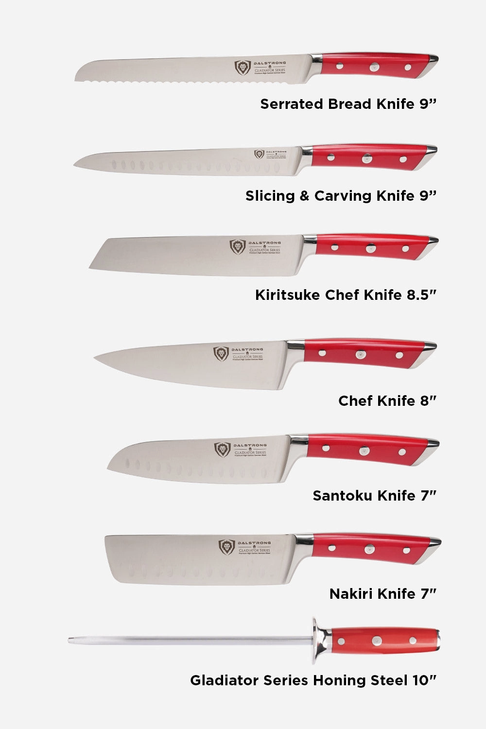 18-piece Colossal Knife Set with Block | Red Handles | Gladiator Series | Knives NSF Certified | Dalstrong 