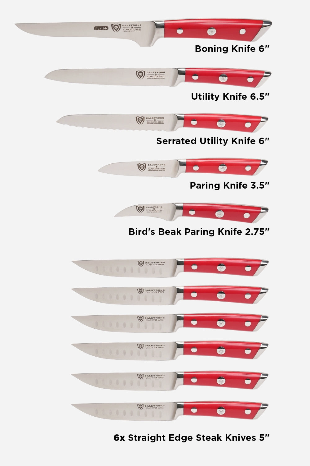 18-piece Colossal Knife Set with Block | Red Handles | Gladiator Series | Knives NSF Certified | Dalstrong 