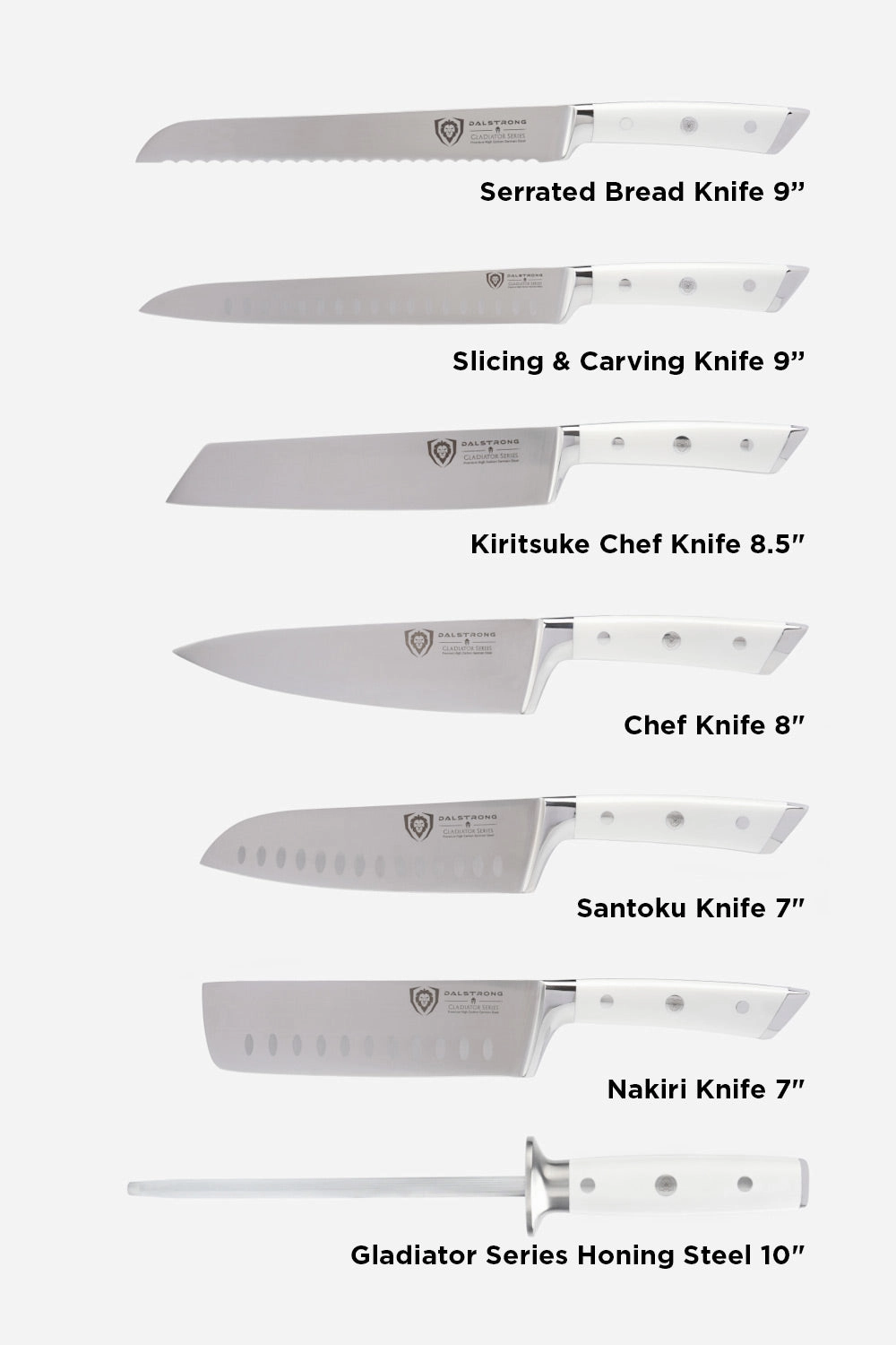 18-piece Colossal Knife Set with Block | White Handles | Gladiator Series | Knives NSF Certified | Dalstrong 