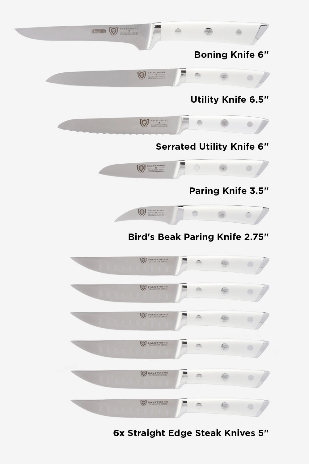 18-piece Colossal Knife Set with Block | White Handles | Gladiator Series | Knives NSF Certified | Dalstrong 