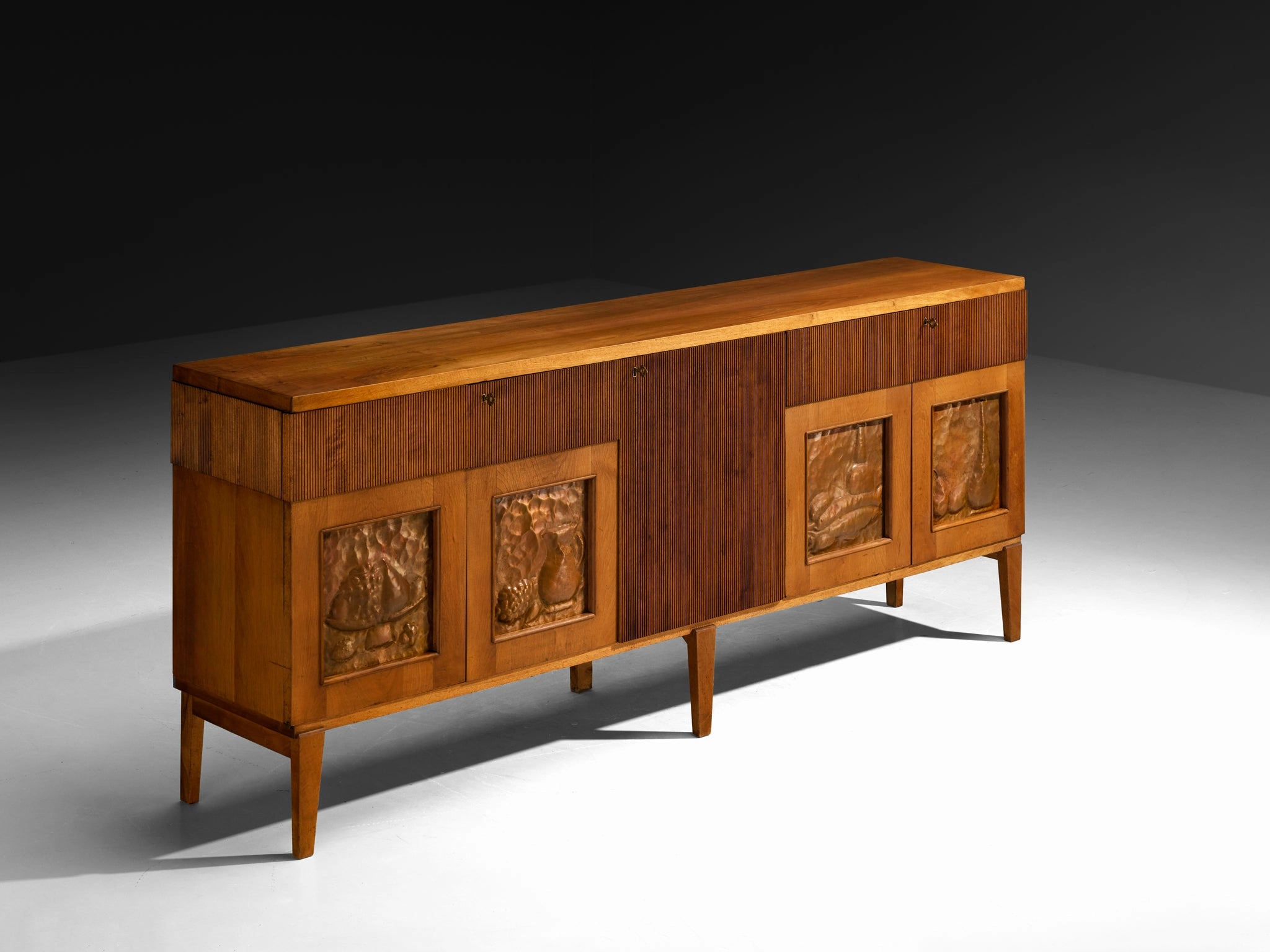 1940s Italian Sideboard in Walnut with Grissinato Carvings and Copper Reliefs storage cabinet,organizer,furniture storage