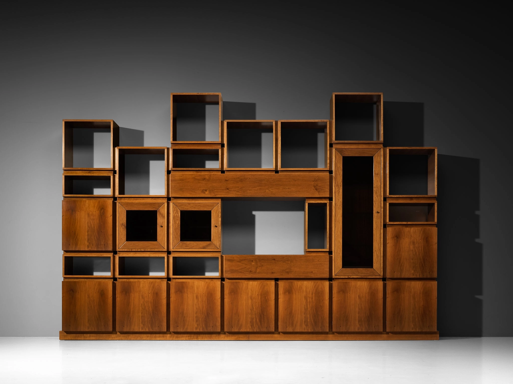 1970s Large Architectural Bookcase in Walnut and Smoked Glass