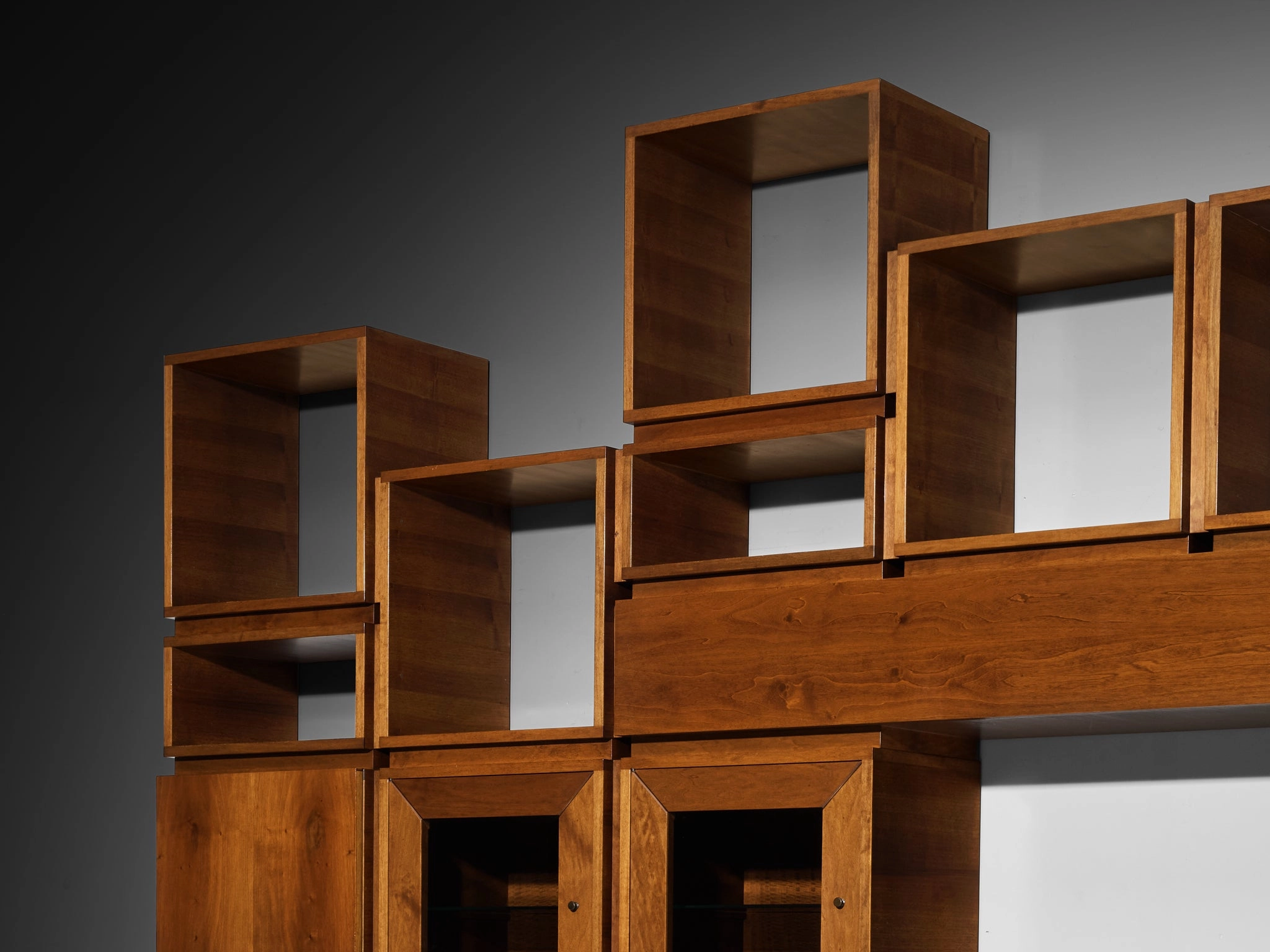 1970s Large Architectural Bookcase in Walnut and Smoked Glass
