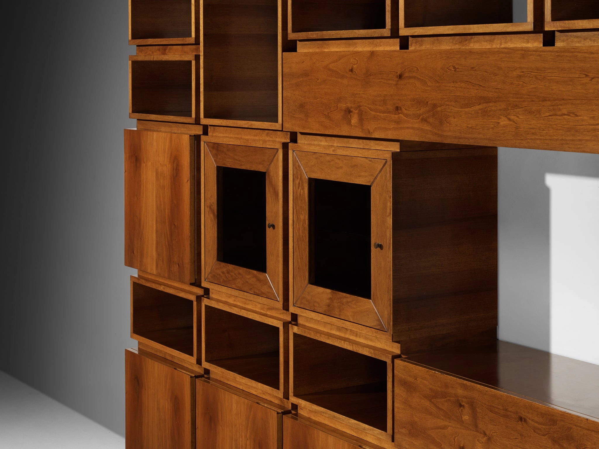 1970s Large Architectural Bookcase in Walnut and Smoked Glass