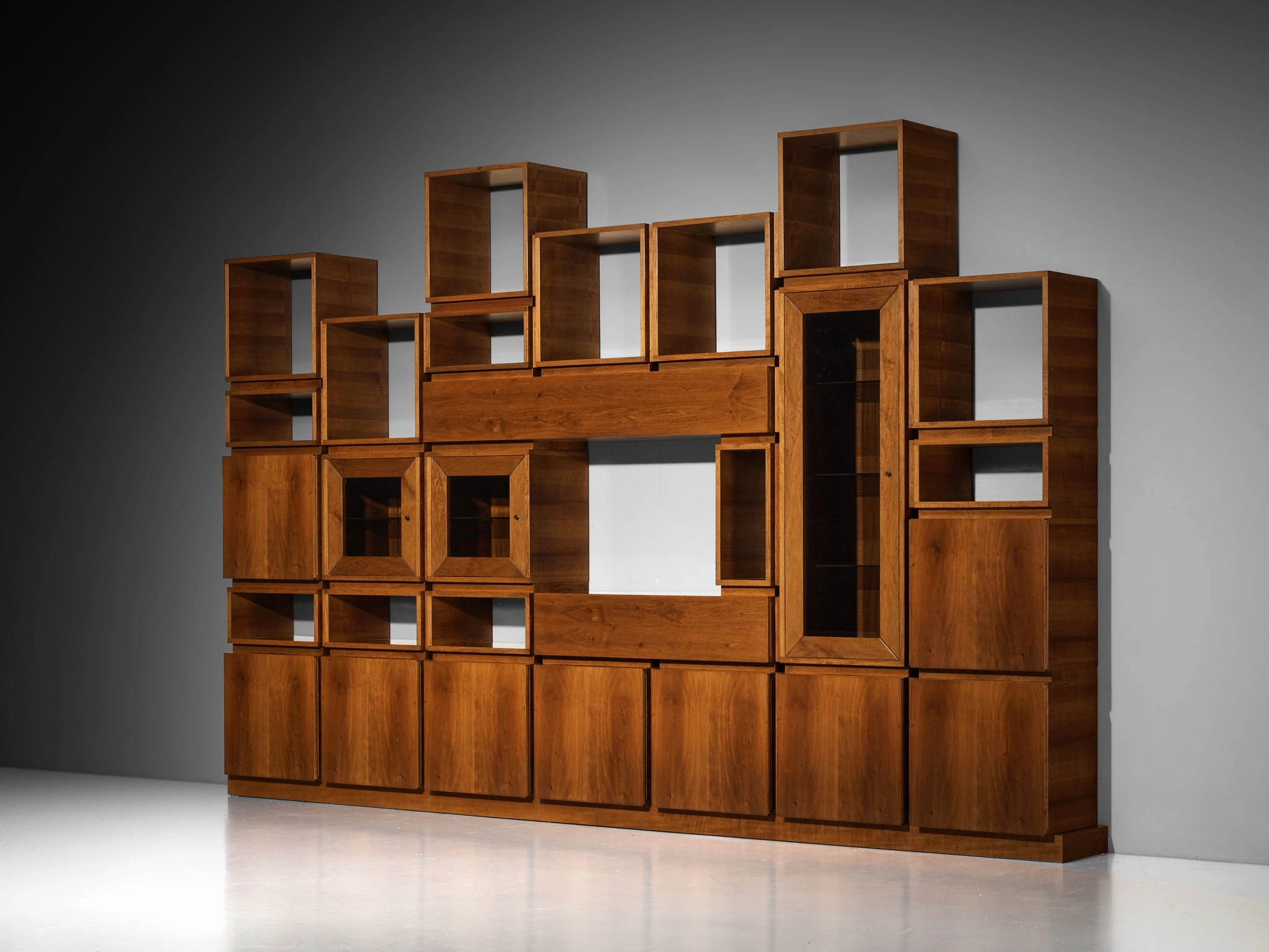 1970s Large Architectural Bookcase in Walnut and Smoked Glass storage cabinet,organizer,furniture storage