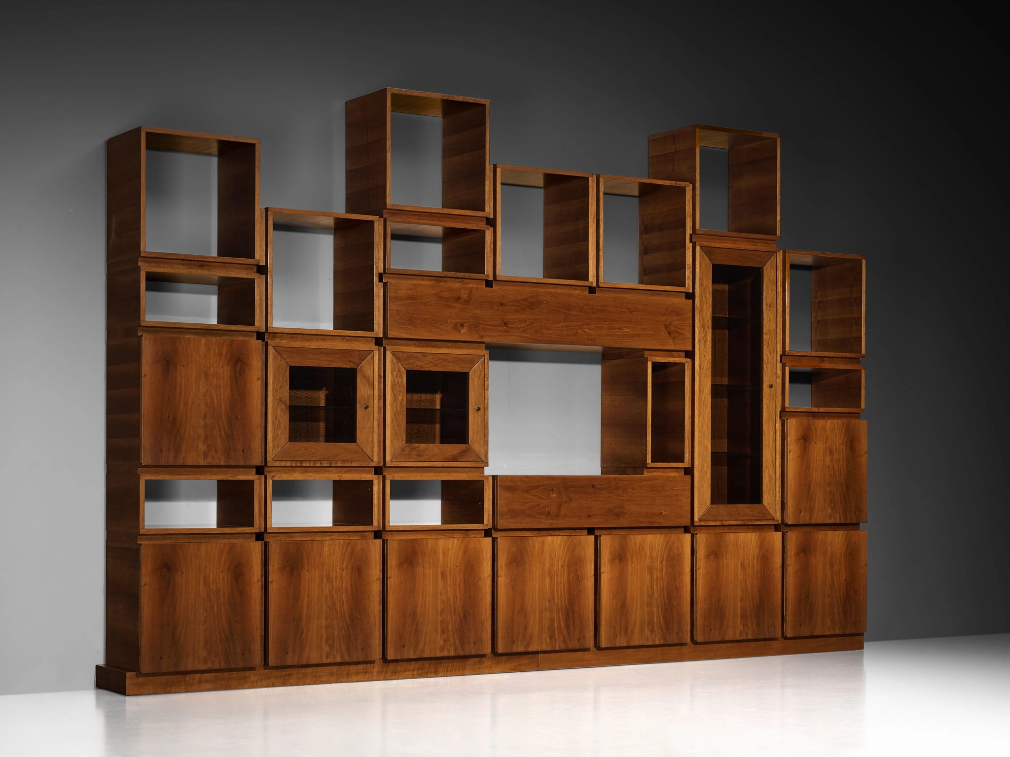 1970s Large Architectural Bookcase in Walnut and Smoked Glass