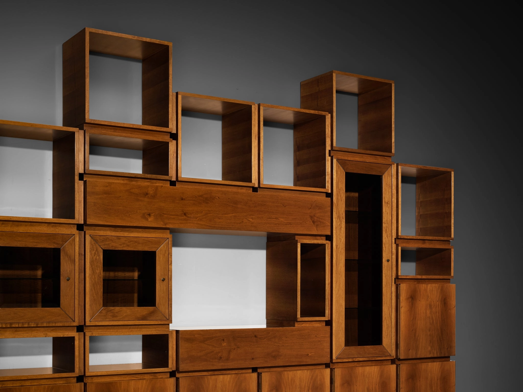 1970s Large Architectural Bookcase in Walnut and Smoked Glass