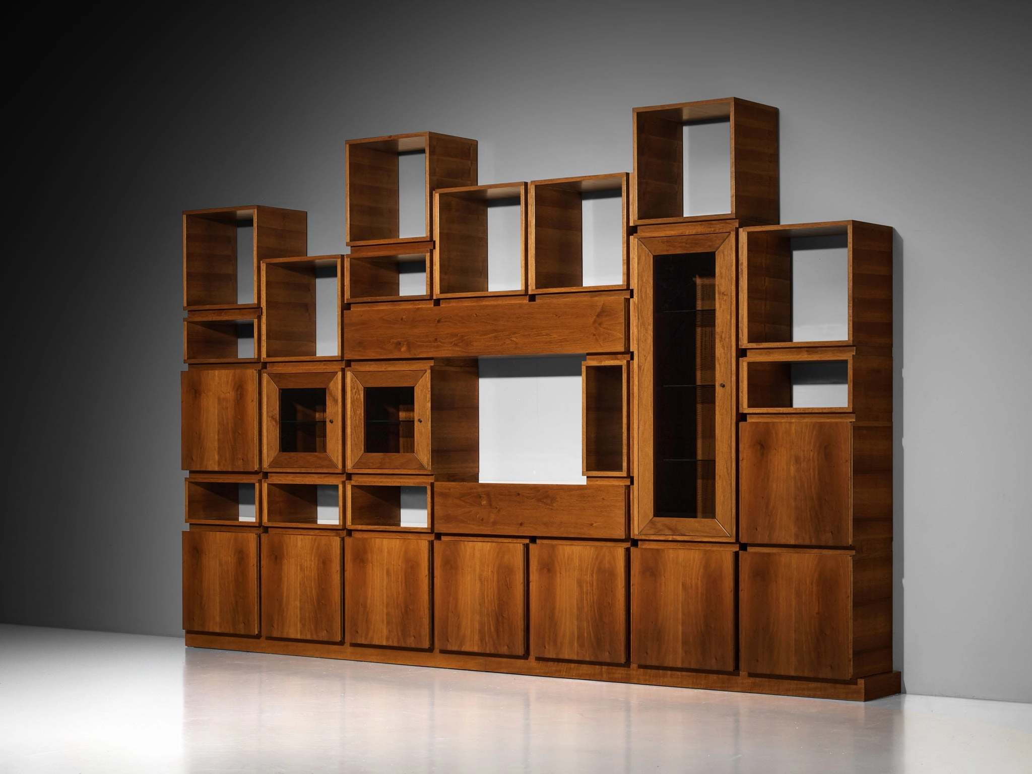 1970s Large Architectural Bookcase in Walnut and Smoked Glass
