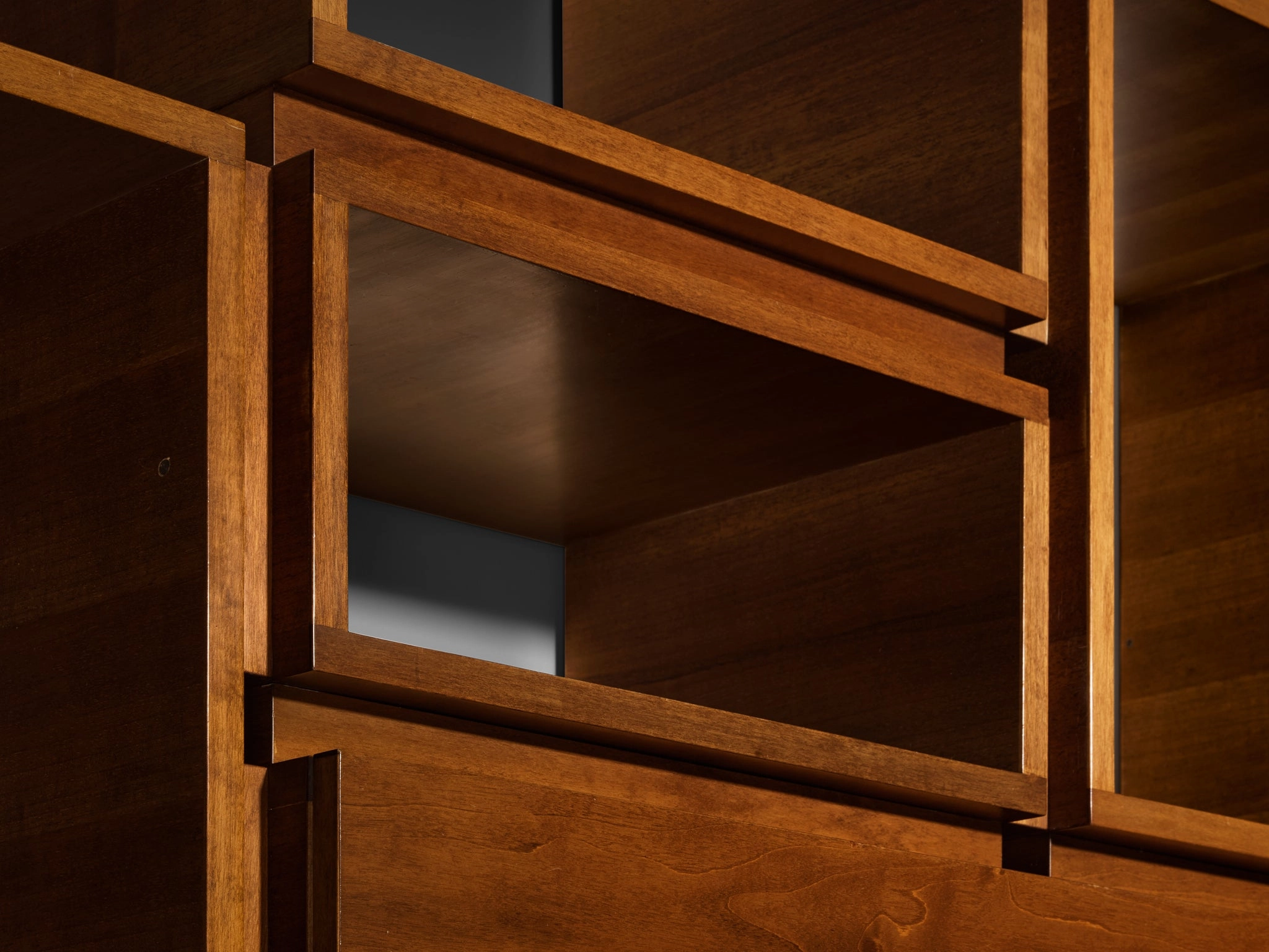 1970s Large Architectural Bookcase in Walnut and Smoked Glass