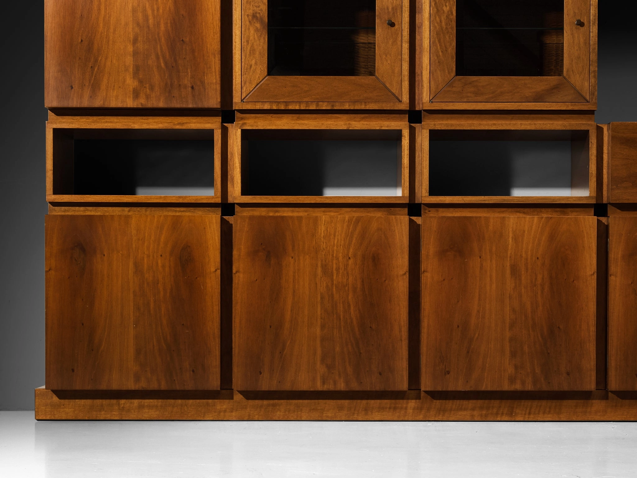 1970s Large Architectural Bookcase in Walnut and Smoked Glass