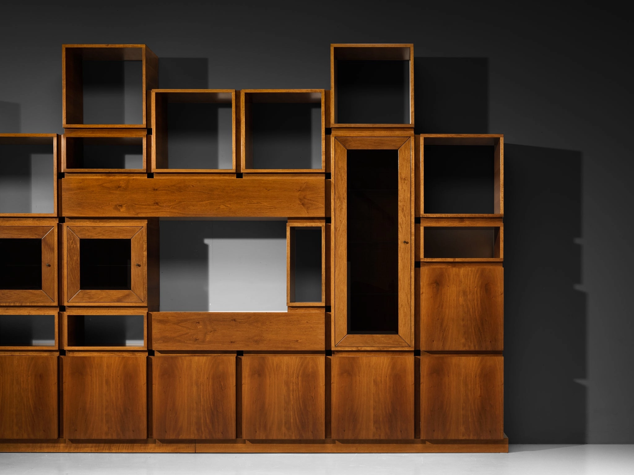 1970s Large Architectural Bookcase in Walnut and Smoked Glass
