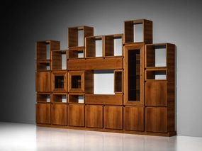 1970s Large Architectural Bookcase in Walnut and Smoked Glass storage cabinet,organizer,furniture storage