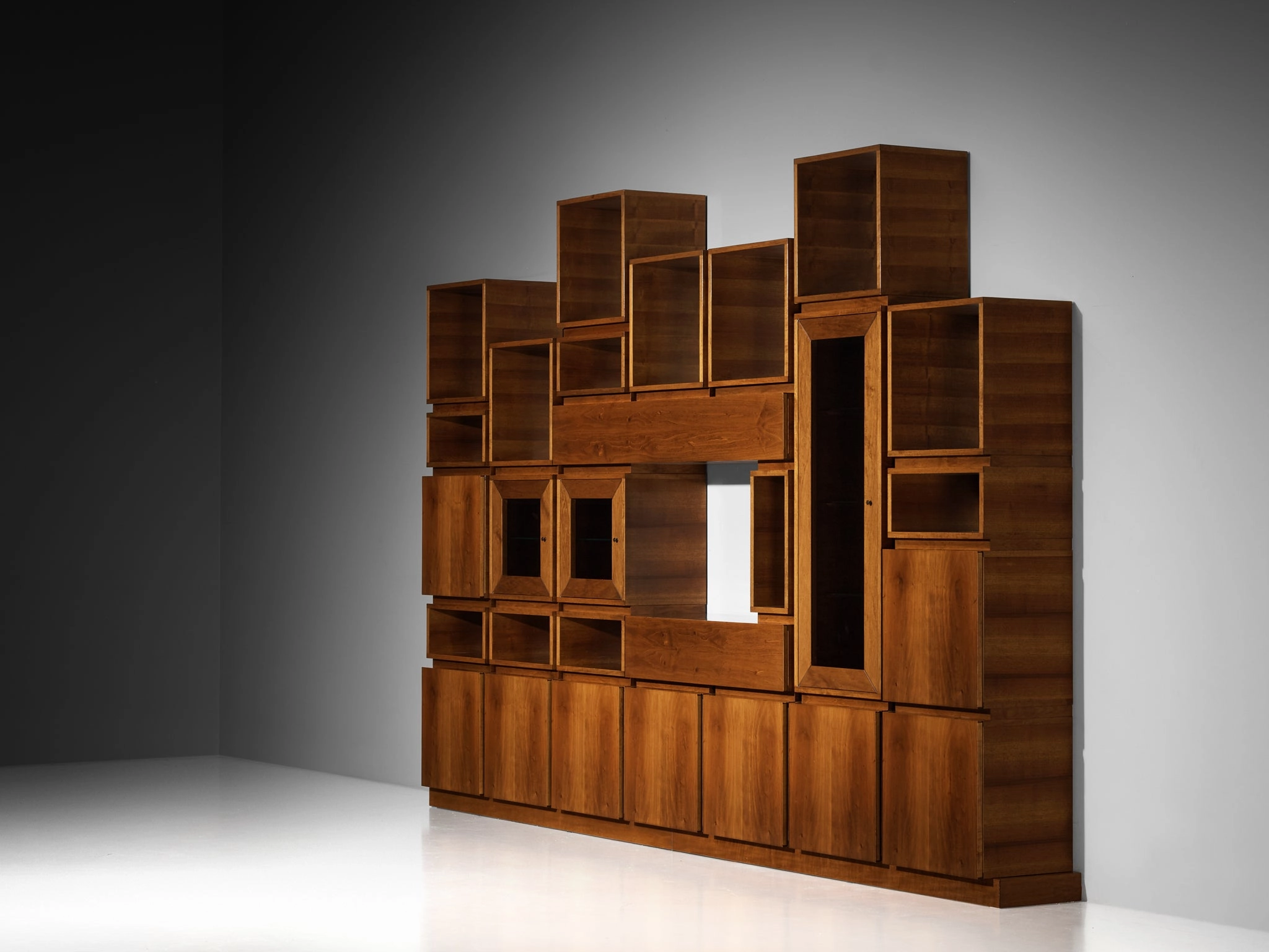 1970s Large Architectural Bookcase in Walnut and Smoked Glass