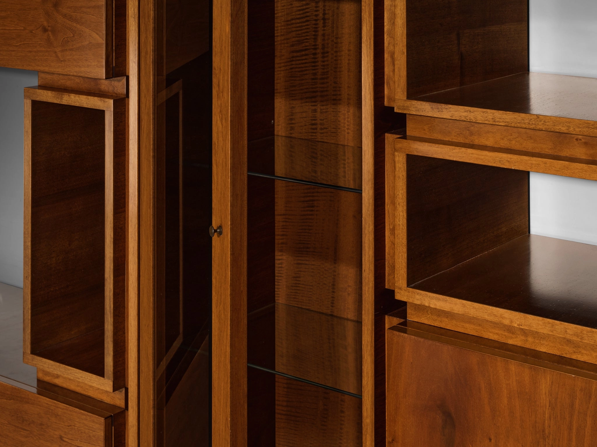 1970s Large Architectural Bookcase in Walnut and Smoked Glass