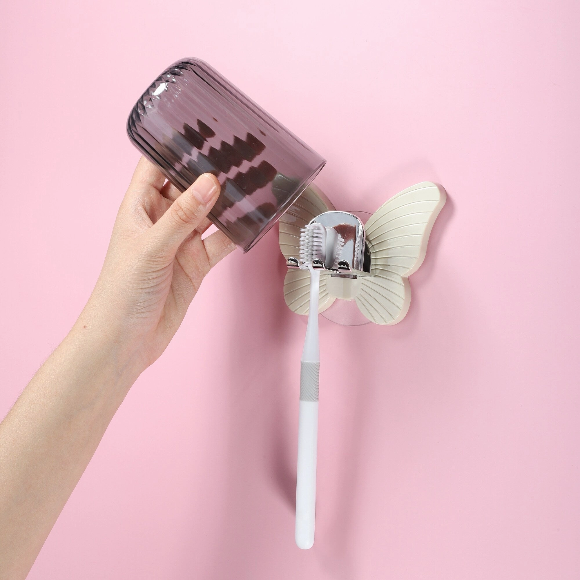 1 Set Wall Mounted Toothbrush Holder, Cute Hanging Toothbrush Holder with Cup, Beige, 4.33"x3.35" - Beige