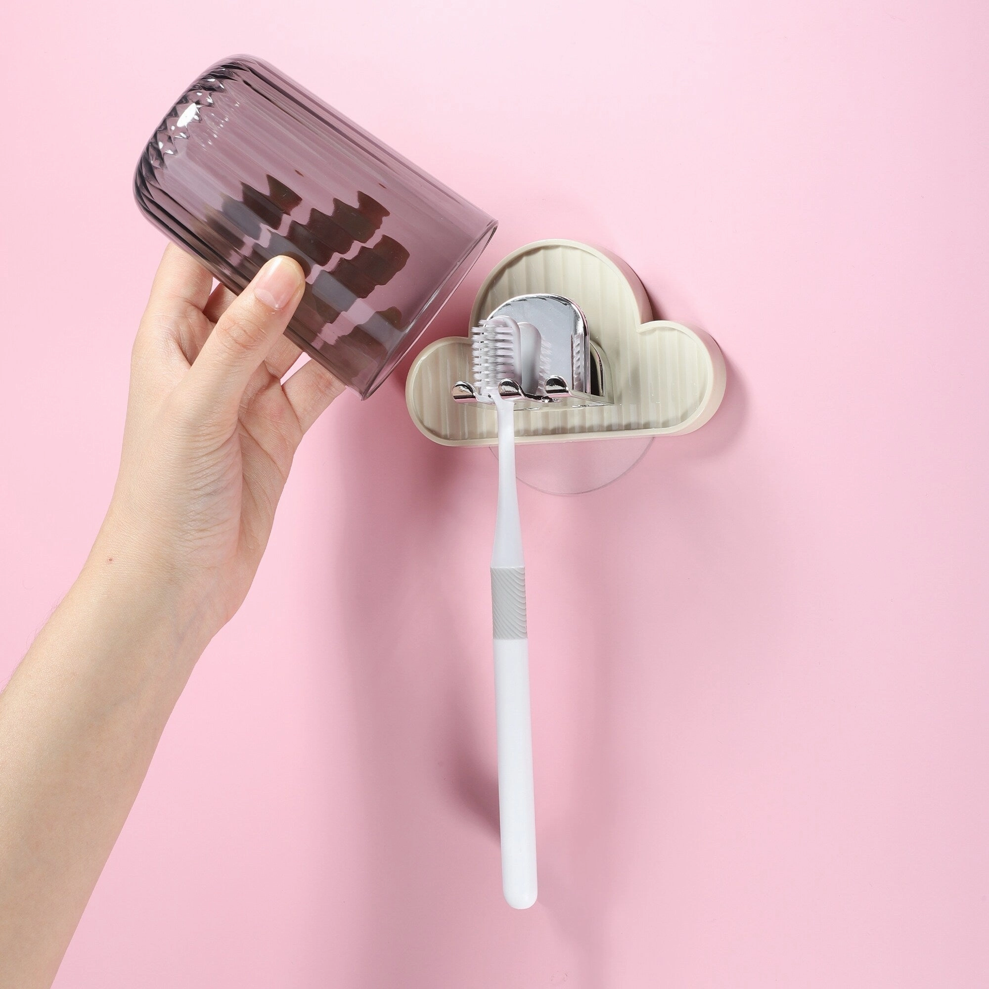 1 Set Wall Mounted Toothbrush Holder, Hanging Toothbrush Holder with Cup, Beige, 4.33"x2.56" - Beige