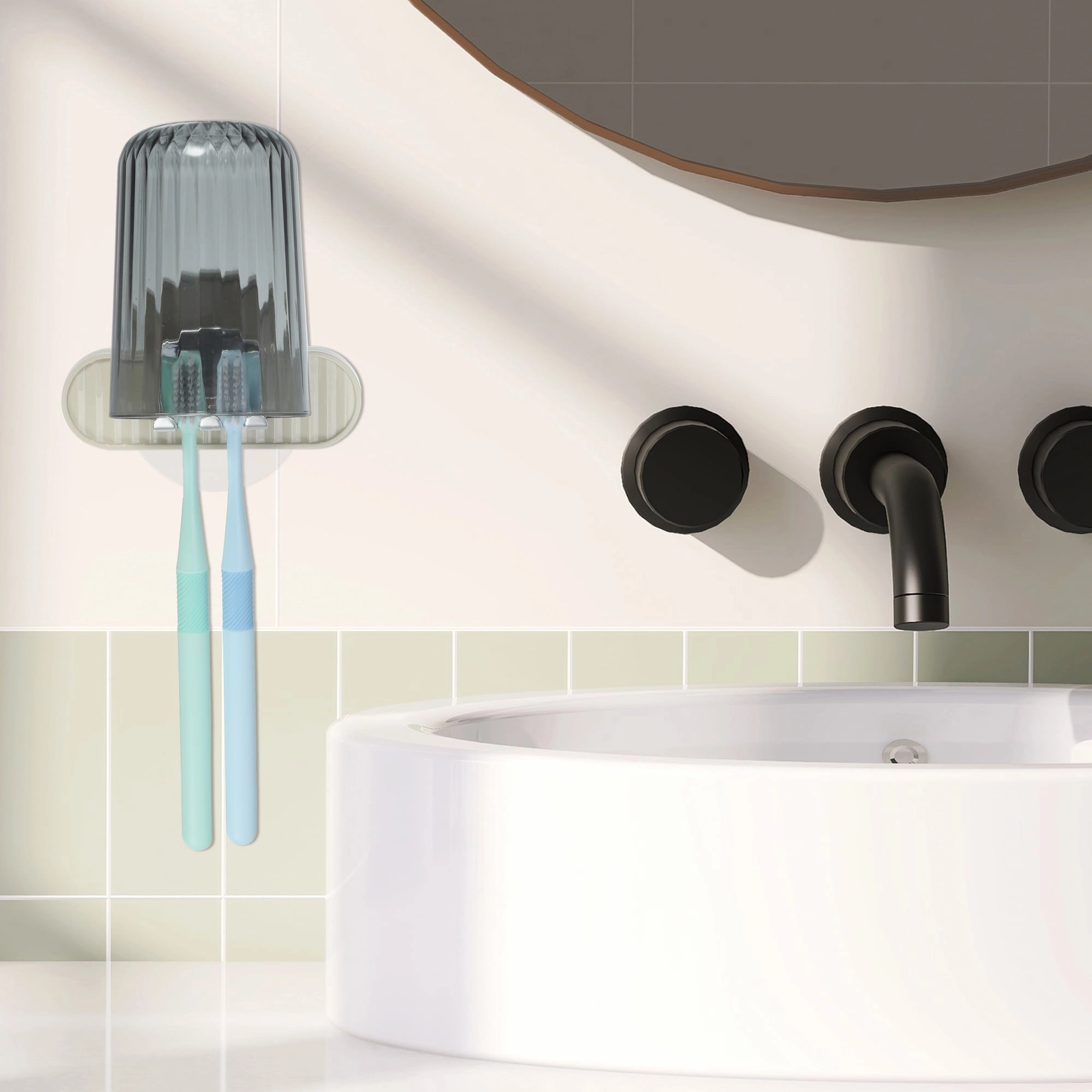 1 Set Wall Mounted Toothbrush Holder, Hanging Toothbrush Holder with Cup, Beige, 4.33"x2.56" - Beige