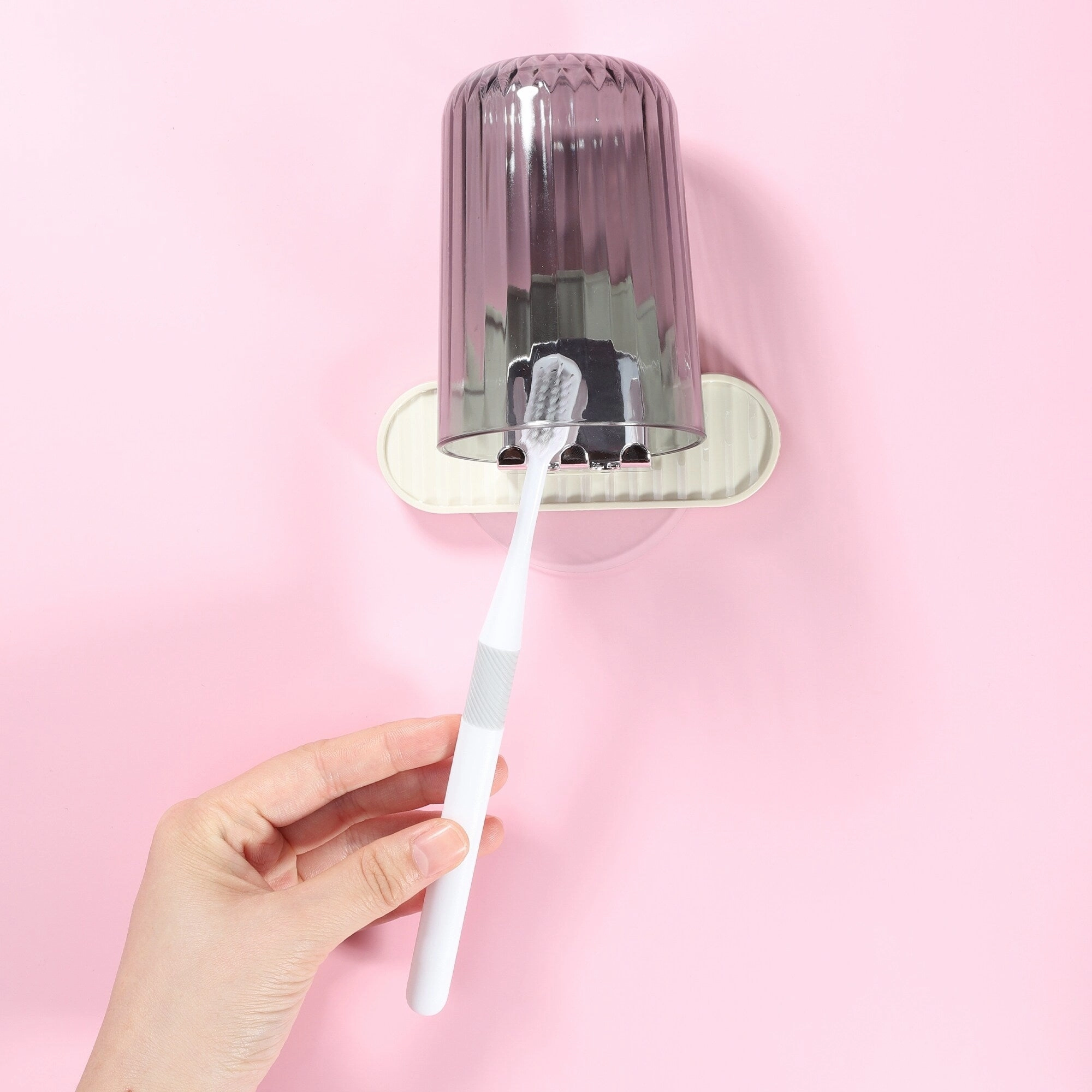 1 Set Wall Mounted Toothbrush Holder, Hanging Toothbrush Holder with Cup, Beige, 4.33"x2.56" - Beige