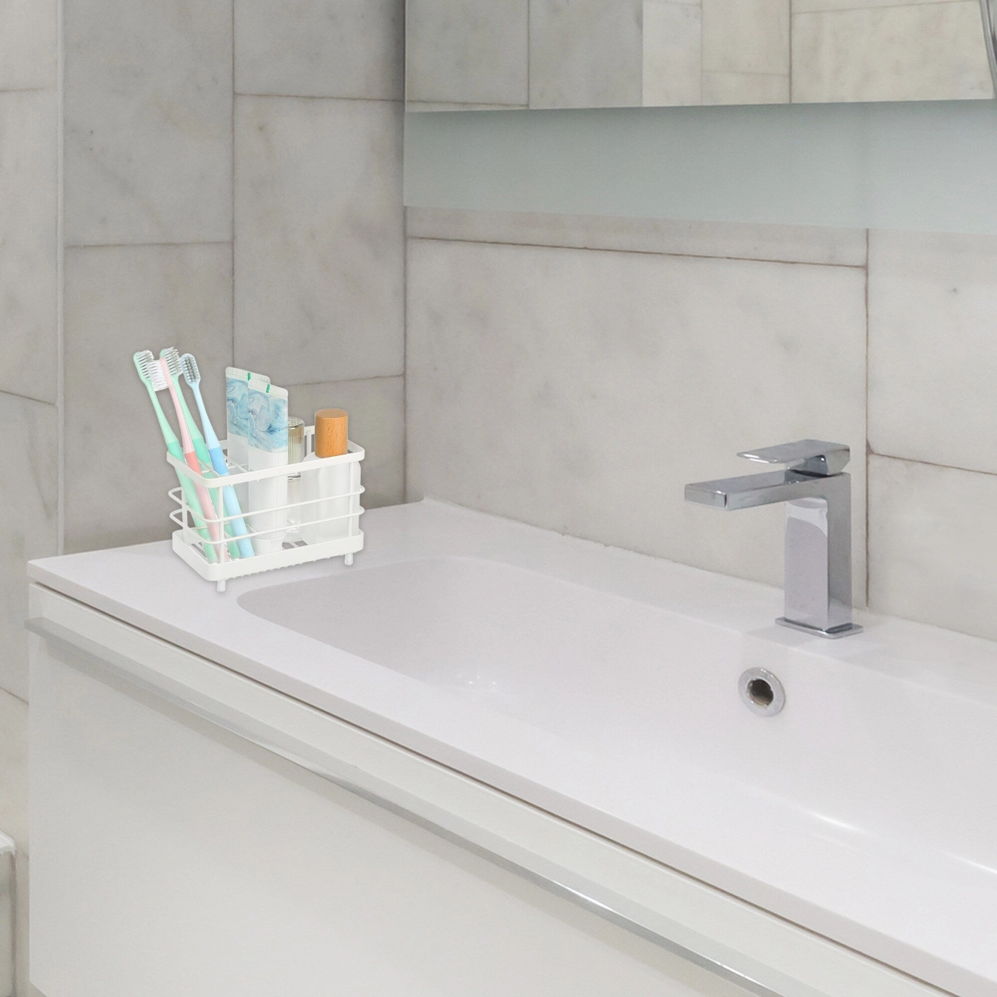 304 Stainless Steel Toothbrush Holder, Toothpaste Holder Stand, Bathroom Kitchen Accessories Organizer - White