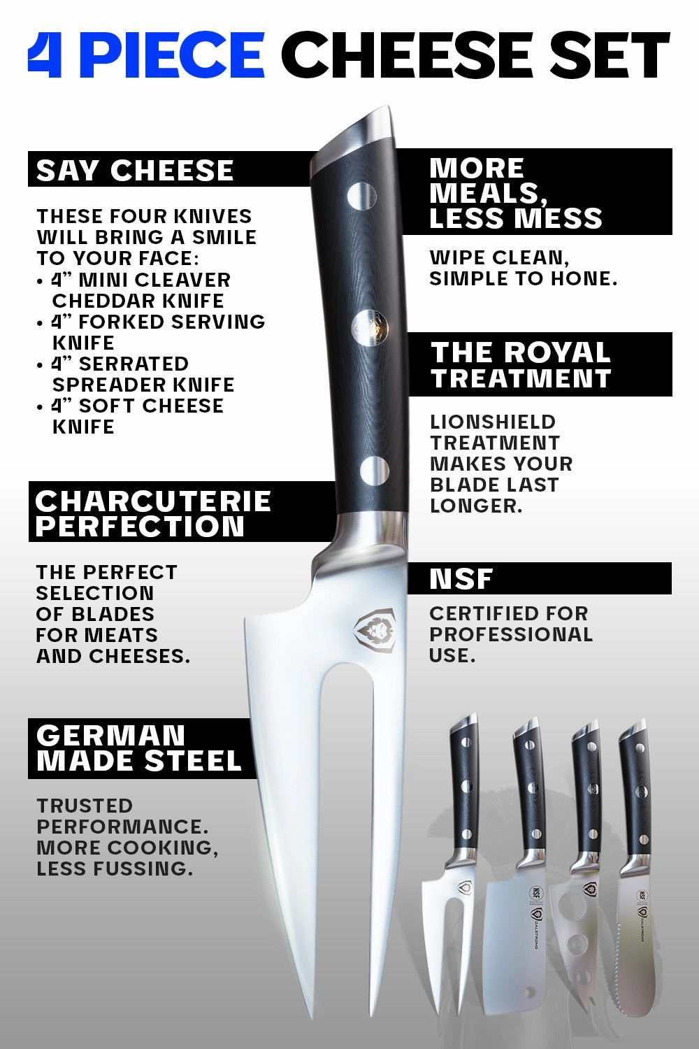 4-Piece Charcuterie & Cheese Knife Set | Gladiator Series | NSF Certified | Dalstrong 