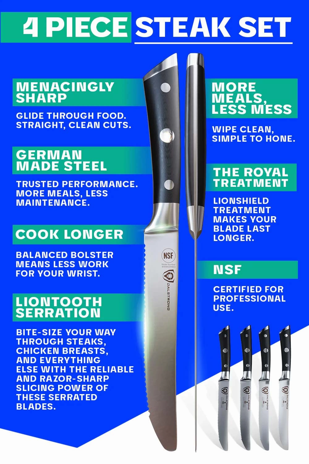 4-Piece Serrated Steak Knife Set | Gladiator Series | NSF Certified | Dalstrong 
