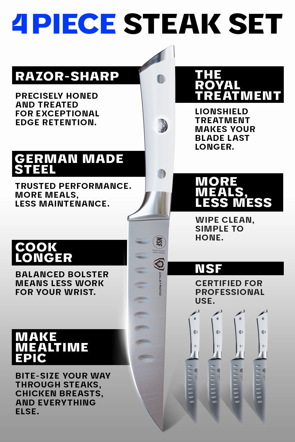 4-Piece Straight-Edge Steak Knife Set | Glacial White ABS Handles | Gladiator Series | NSF Certified | Dalstrong 