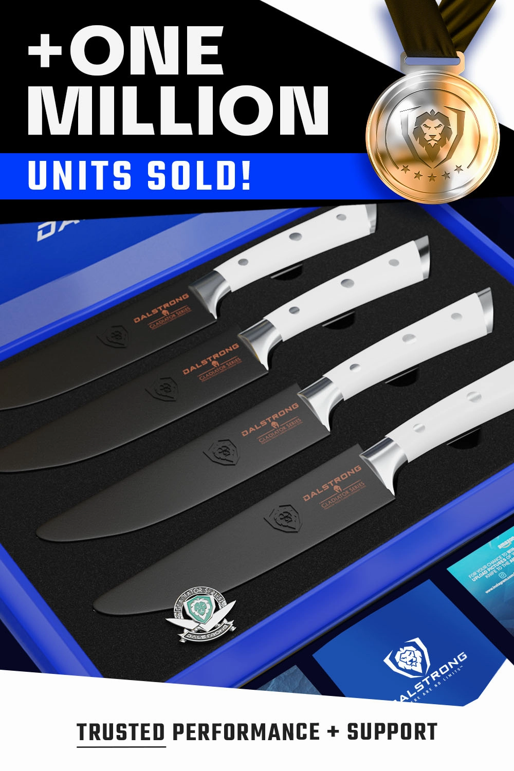 4-Piece Straight-Edge Steak Knife Set | Glacial White ABS Handles | Gladiator Series | NSF Certified | Dalstrong 