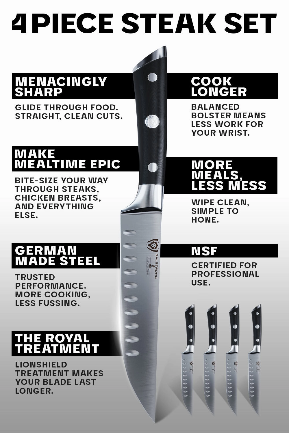 4-Piece Straight-Edge Steak Knife Set | Gladiator Series | NSF Certified | Dalstrong 