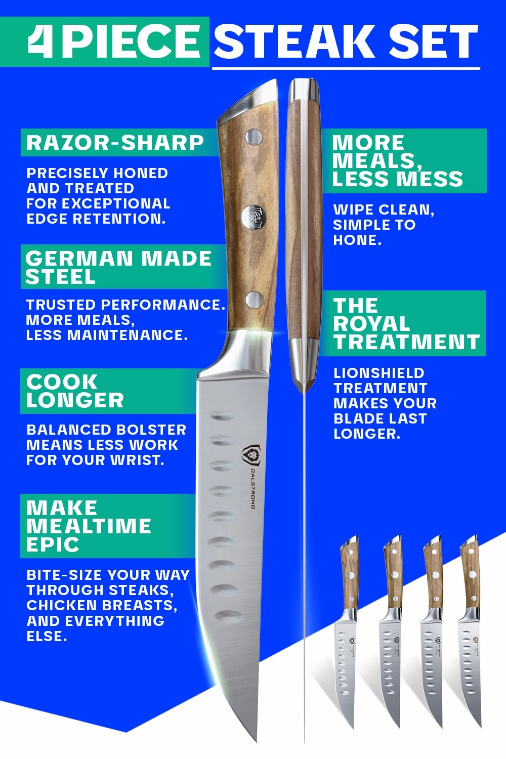 4-Piece Straight-Edge Steak Knife Set | Gladiator Series | NSF Certified | Dalstrong 