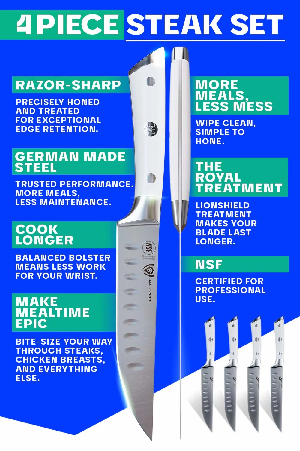 4-Piece Straight-Edge Steak Knife Set | Gladiator Series | NSF Certified | Dalstrong 