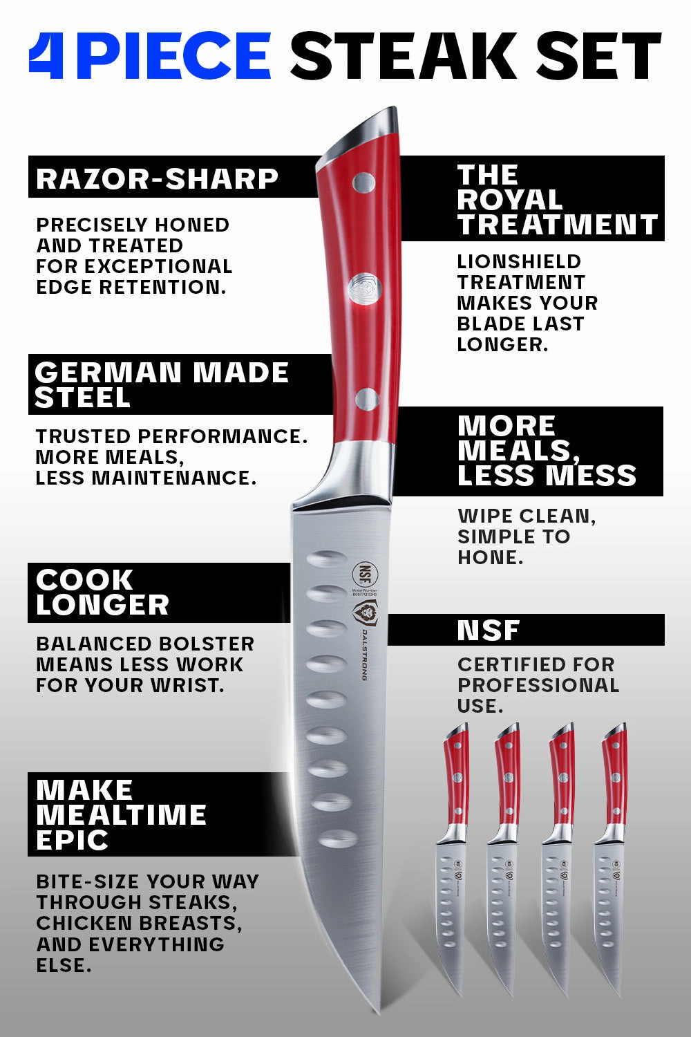 4-Piece Straight-Edge Steak Knife Set | Red ABS Handles | Gladiator Series | NSF Certified | Dalstrong 