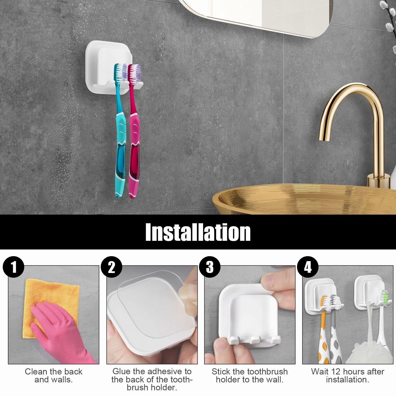 4Pcs Self-Adhesive Toothbrush Holder Set for Wall Mount - white