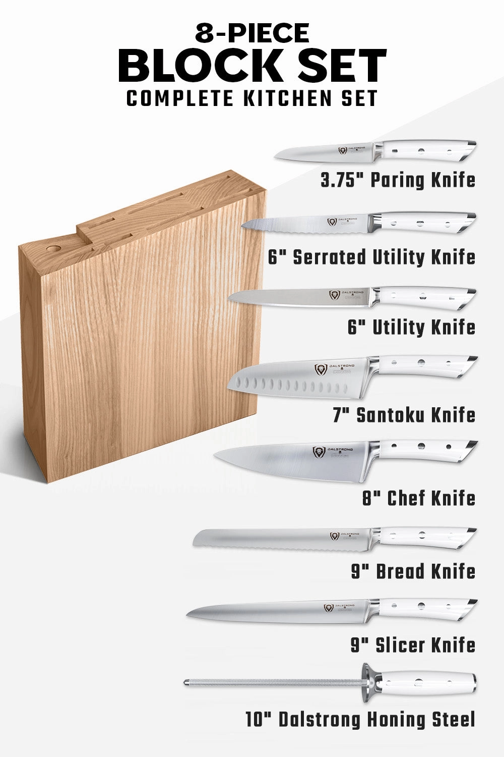 8-Piece Knife Block Set White | Gladiator Series | Knives NSF Certified | Dalstrong 
