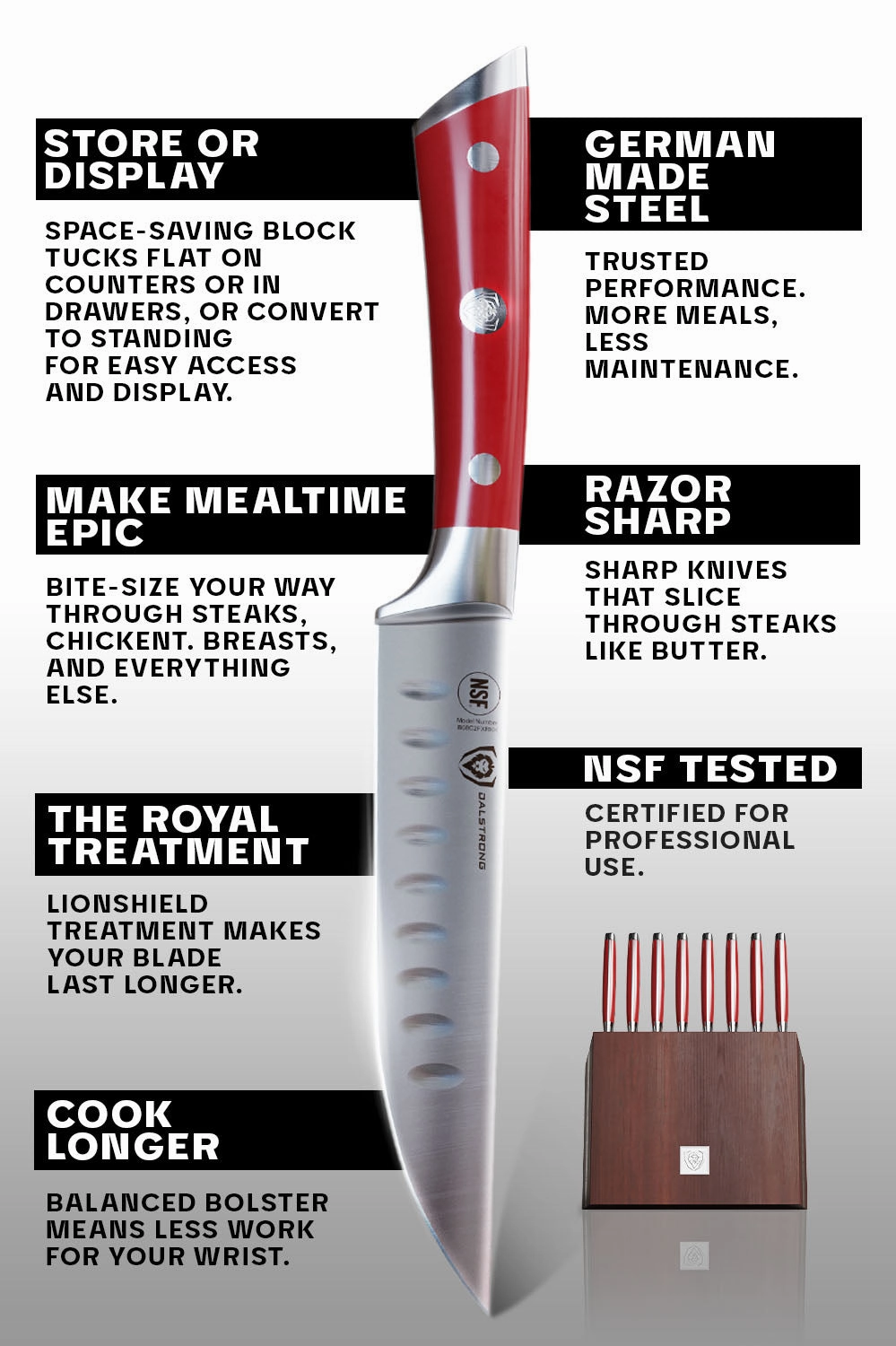 8-Piece Steak Knife Set | Red ABS Handles with Storage Block | Gladiator Series | Knives NSF Certified | Dalstrong 