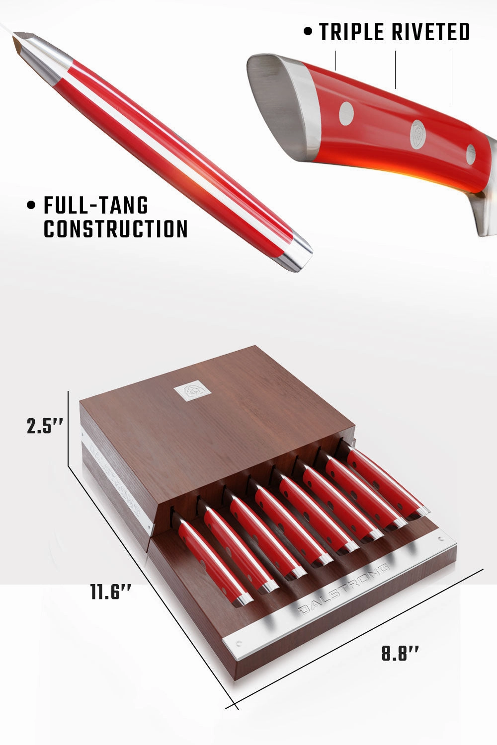 8-Piece Steak Knife Set | Red ABS Handles with Storage Block | Gladiator Series | Knives NSF Certified | Dalstrong 