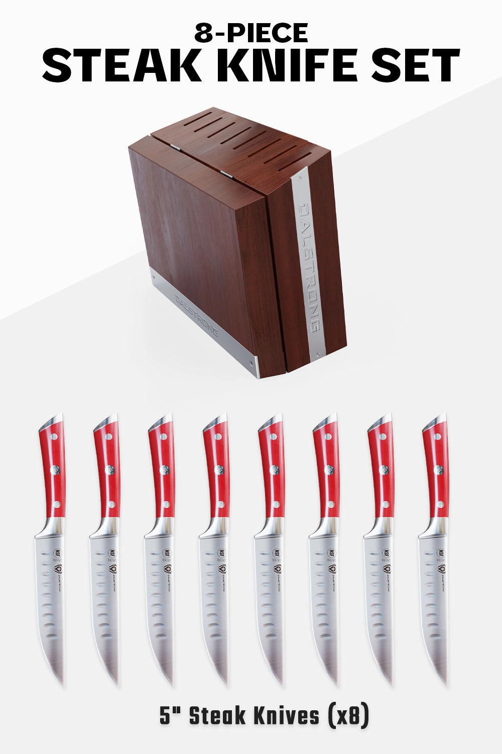 8-Piece Steak Knife Set | Red ABS Handles with Storage Block | Gladiator Series | Knives NSF Certified | Dalstrong 