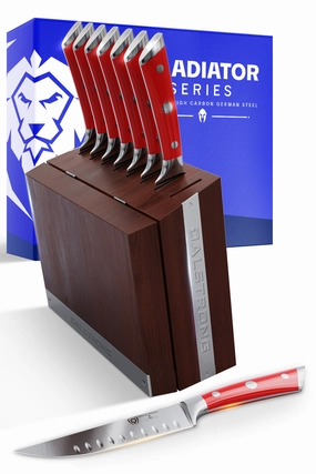 8-Piece Steak Knife Set | Red ABS Handles with Storage Block | Gladiator Series | Knives NSF Certified | Dalstrong  knife set,kitchen knives,cooking tools