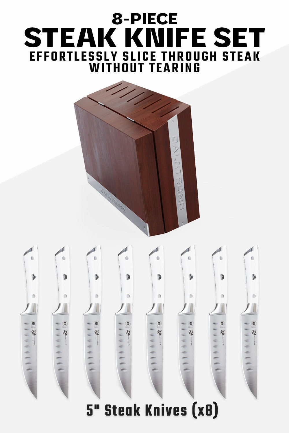 8-Piece Steak Knife Set | White ABS Handles with Storage Block | Gladiator Series | Knives NSF Certified | Dalstrong 