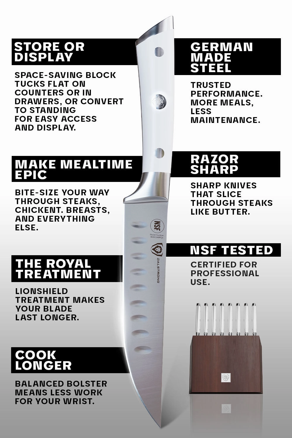 8-Piece Steak Knife Set | White ABS Handles with Storage Block | Gladiator Series | Knives NSF Certified | Dalstrong 