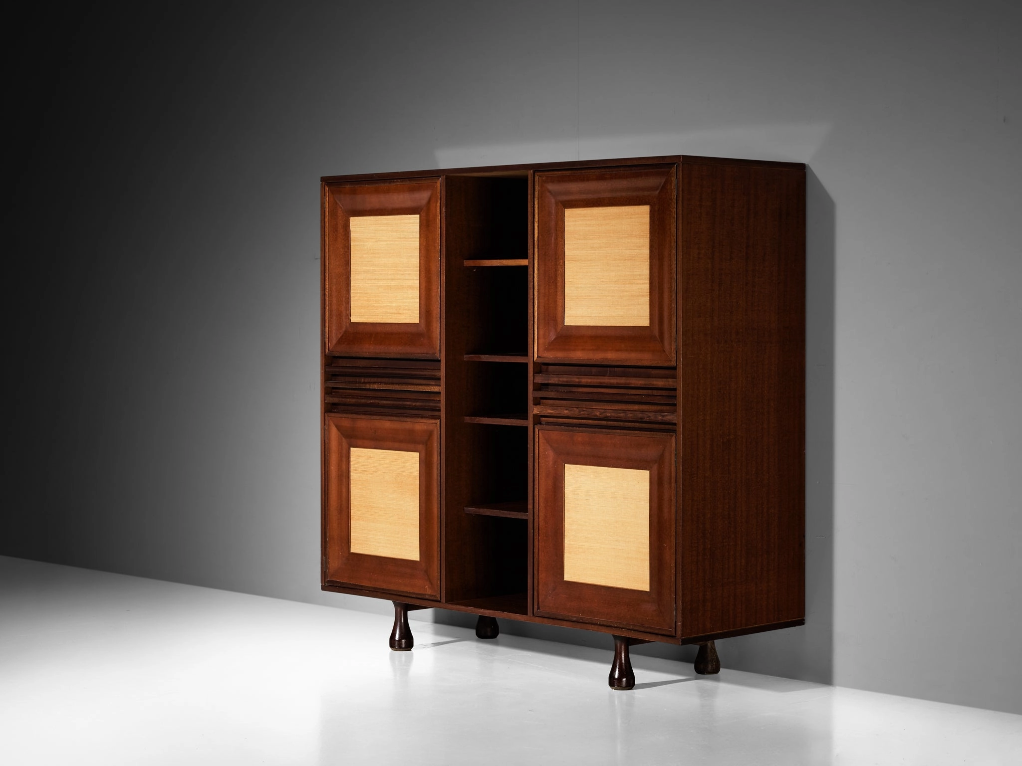 Angelo Mangiarotti for Sorgente dei Mobili Cabinet in Mahogany & Grasscloth