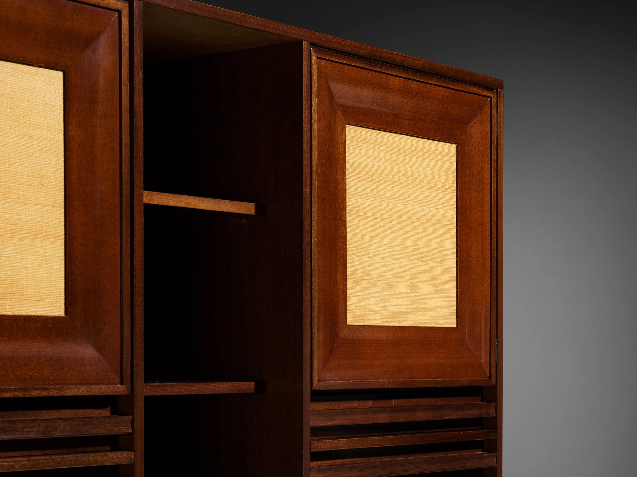 Angelo Mangiarotti for Sorgente dei Mobili Cabinet in Mahogany & Grasscloth