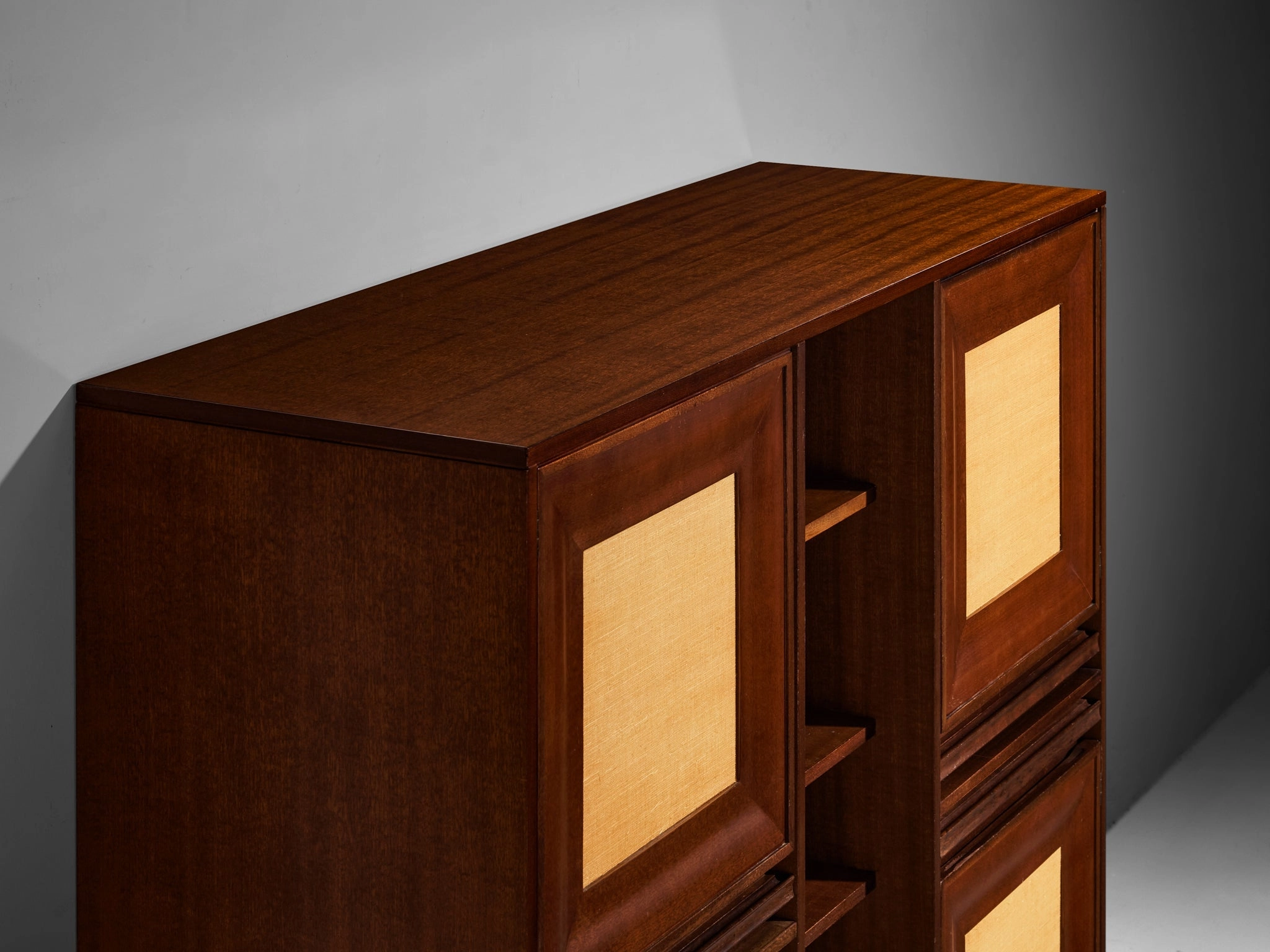 Angelo Mangiarotti for Sorgente dei Mobili Cabinet in Mahogany & Grasscloth
