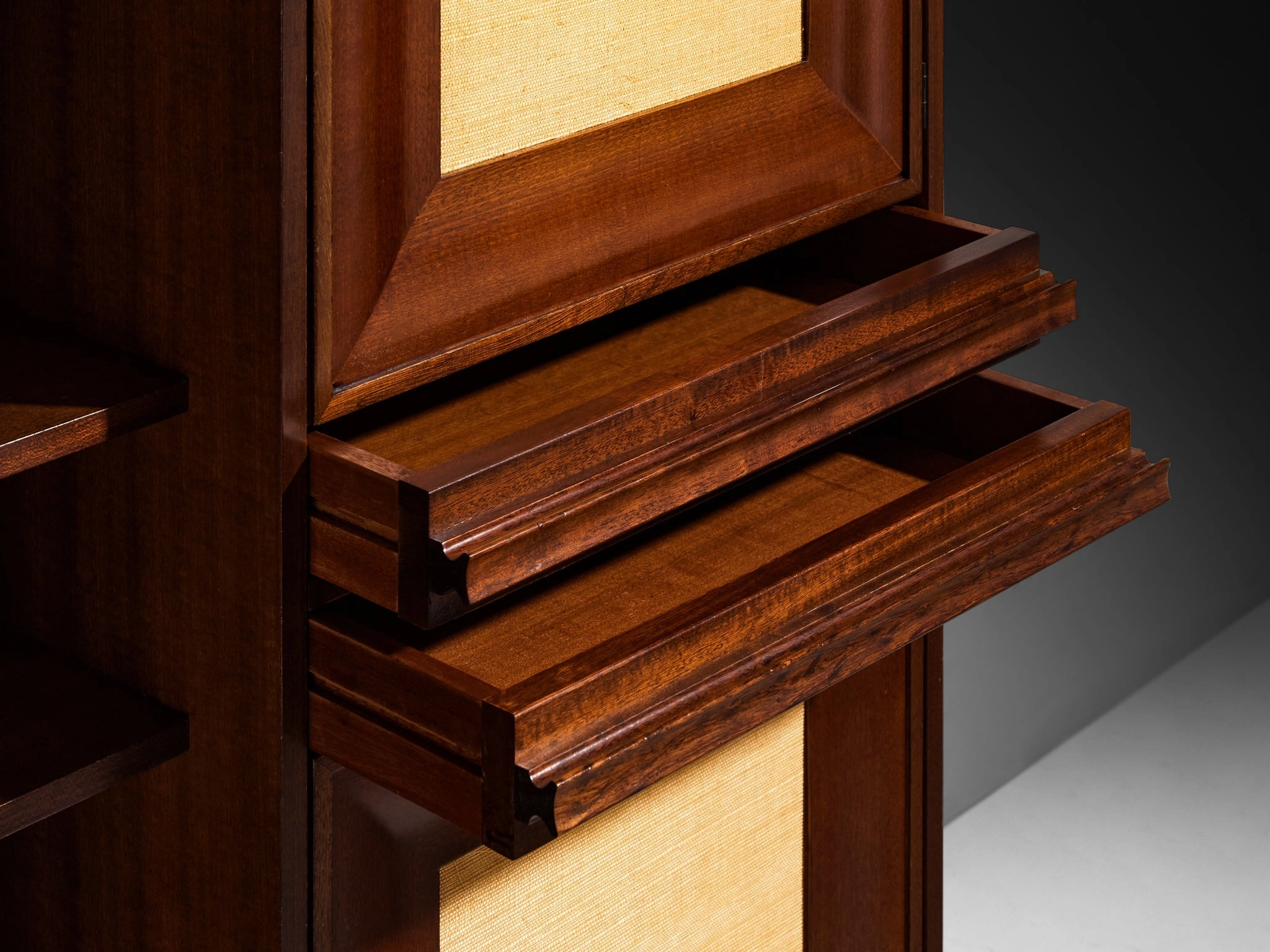 Angelo Mangiarotti for Sorgente dei Mobili Cabinet in Mahogany & Grasscloth