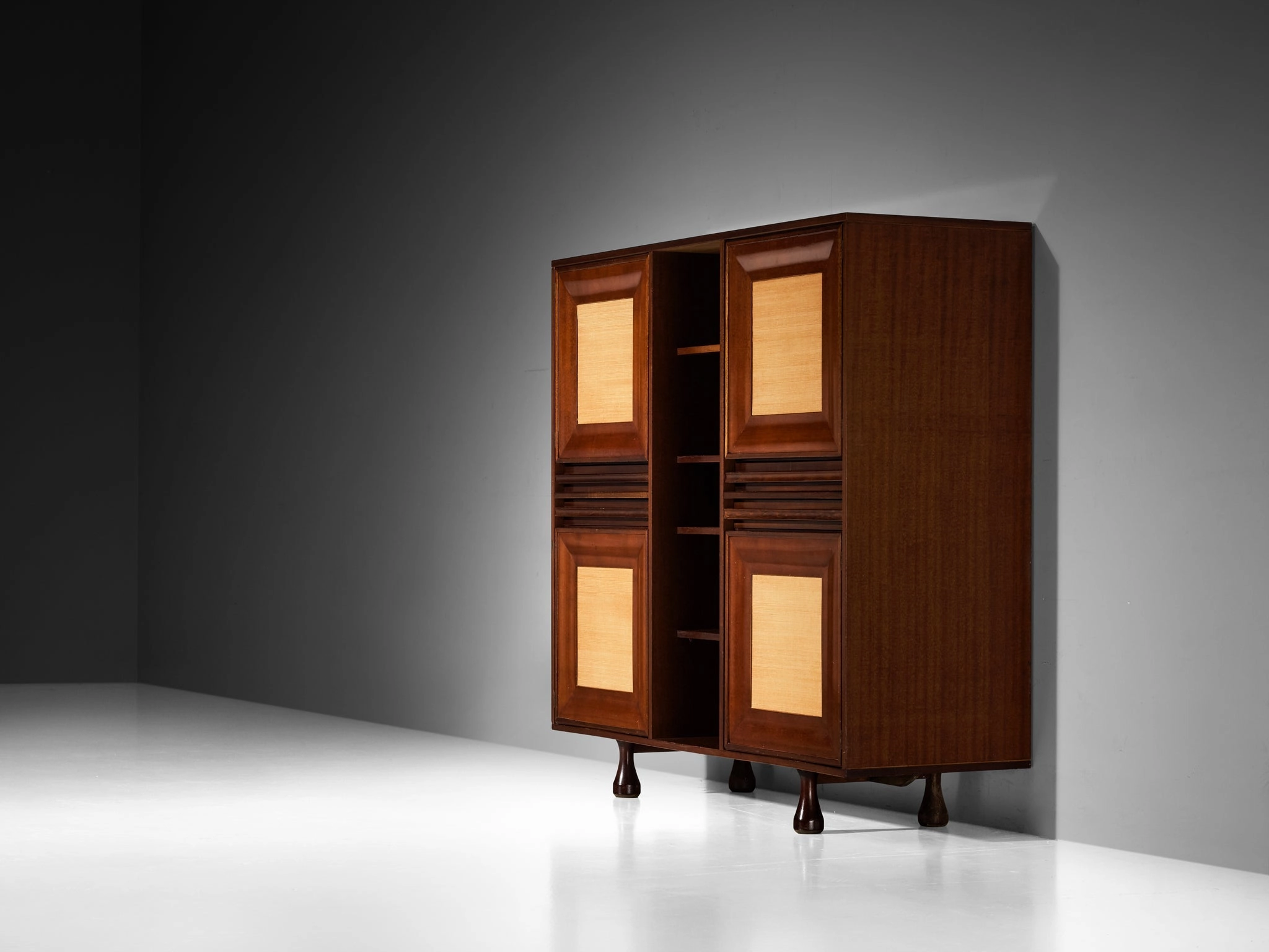 Angelo Mangiarotti for Sorgente dei Mobili Cabinet in Mahogany & Grasscloth
