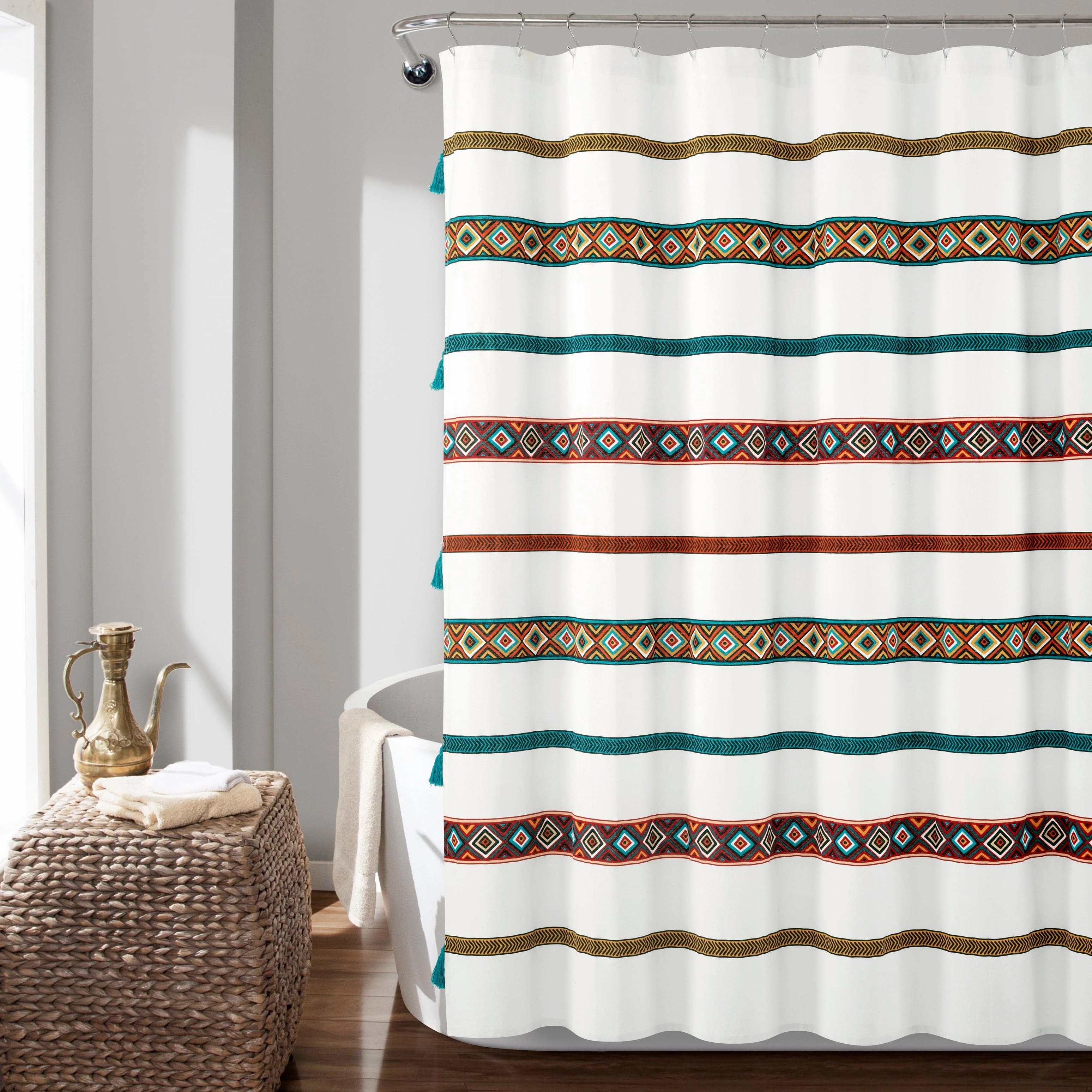 Ava Boho Stripe Tassel Yarn Dyed Recycled Cotton Shower Curtain shower curtain,bath curtain,bathroom decor
