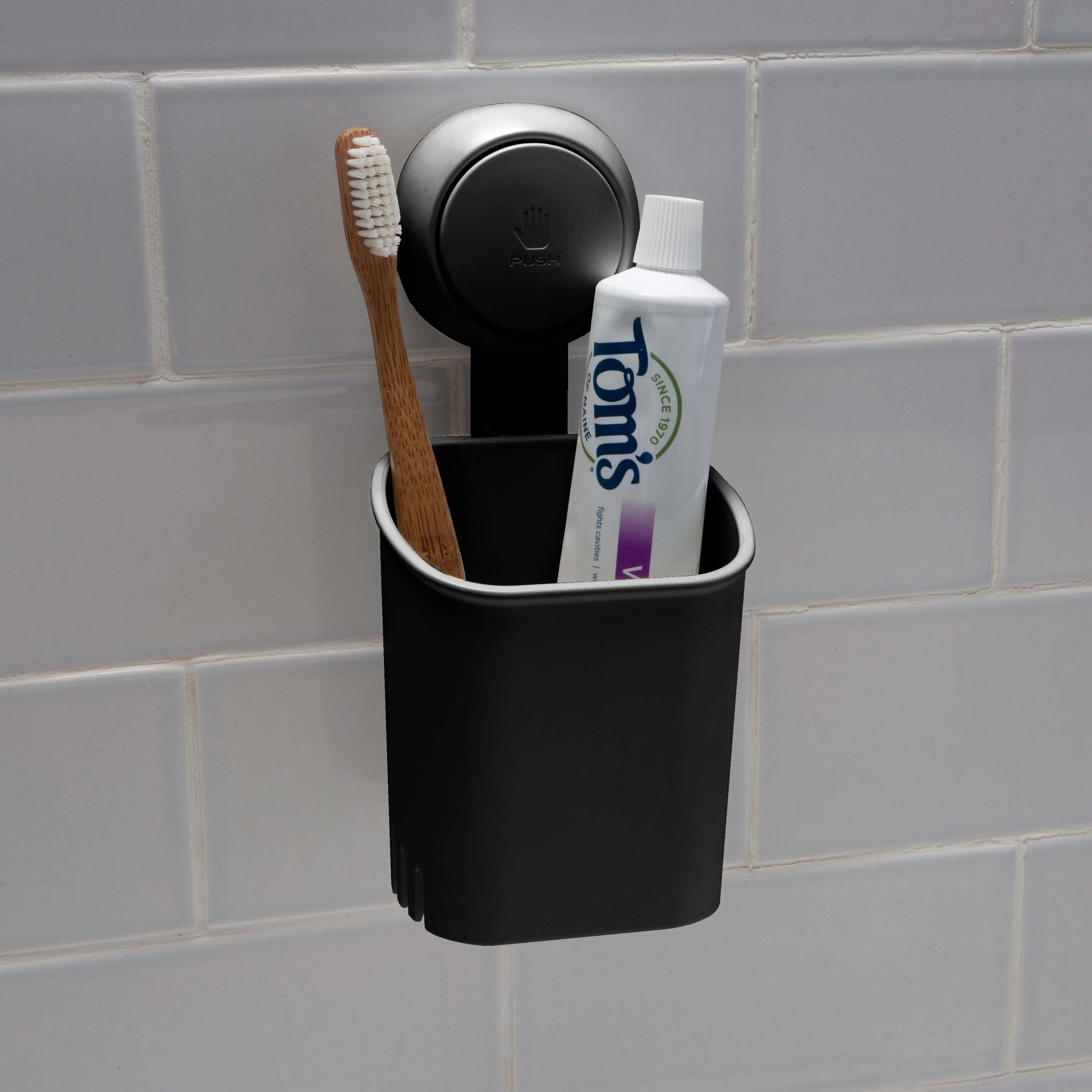 Bath Bliss Gel Suction Toothbrush Holder in Matte black - 3.7" x 3.6" x 7.7"