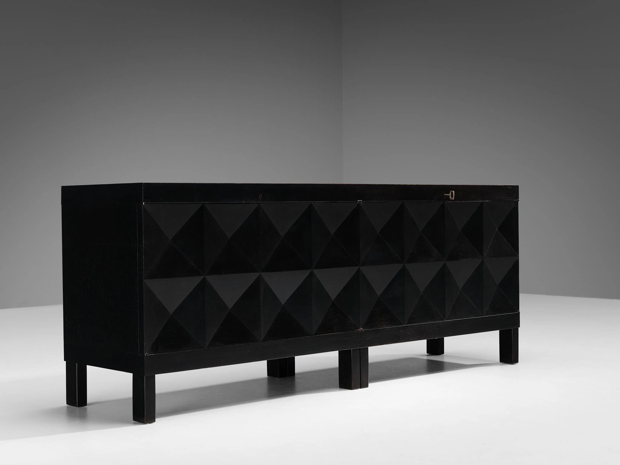 Belgian Brutalist Sideboard in Black Lacquered Oak storage cabinet,organizer,furniture storage