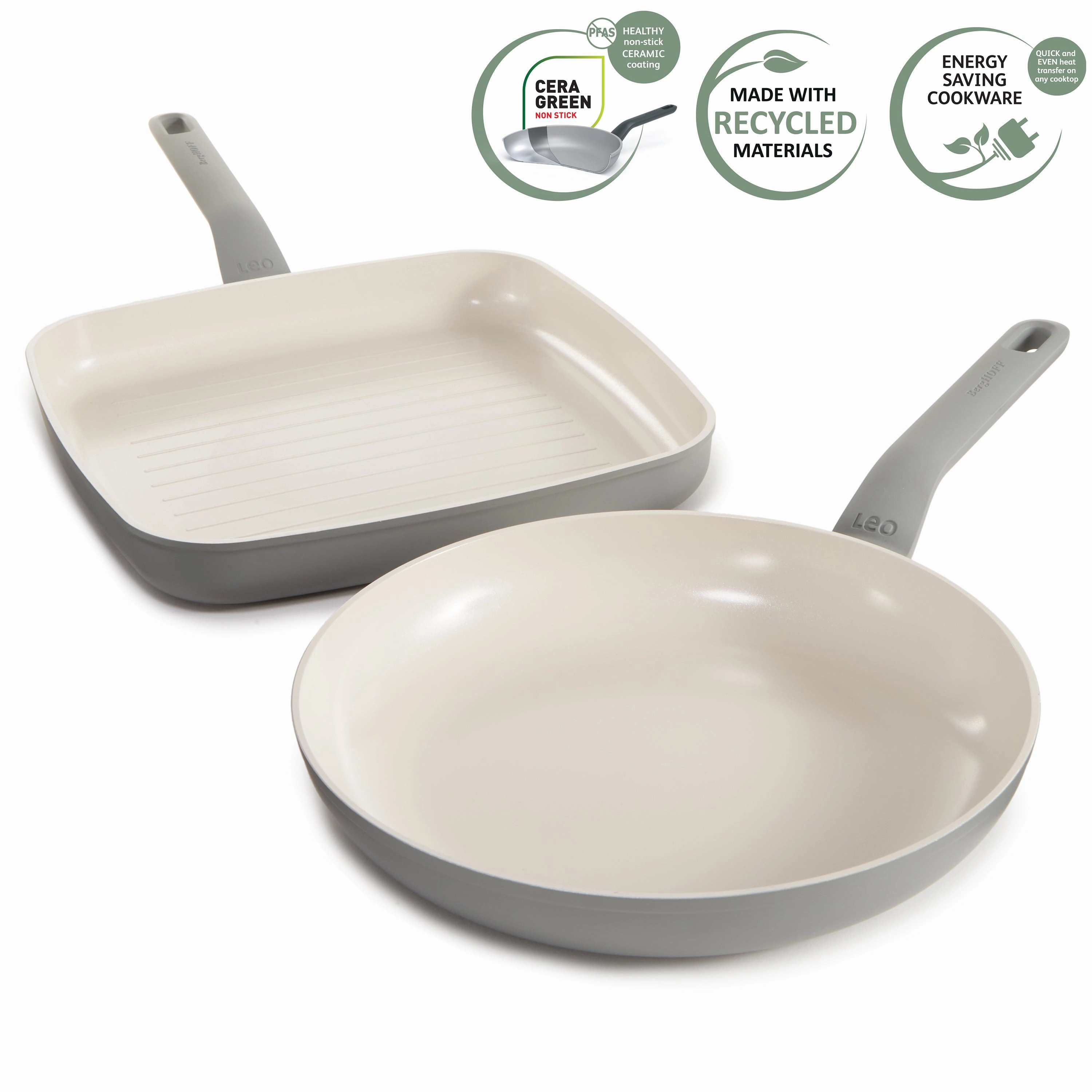 BergHOFF Balance 2Pc Nonstick Ceramic Specialty Cookware Set, Recycled Aluminum, CeraGreen, Moonmist