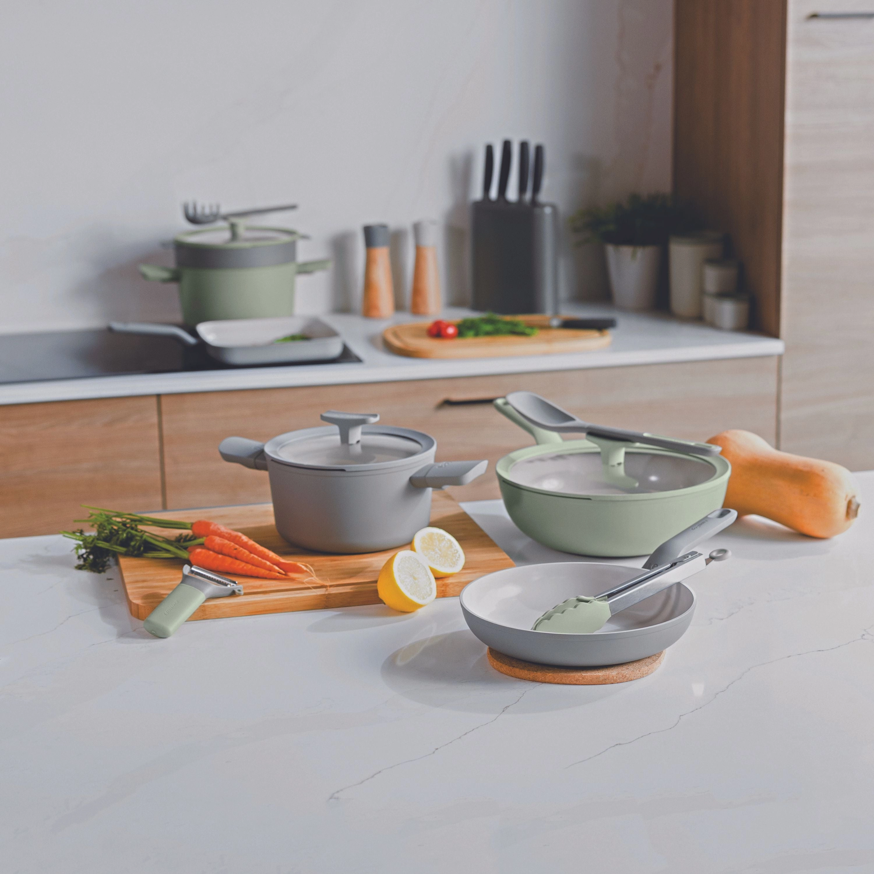 BergHOFF Balance Nonstick Ceramic 2Pc Frying Pan 9.5" and Nylon Turner 13.75", Recycled Aluminum, Moonmist